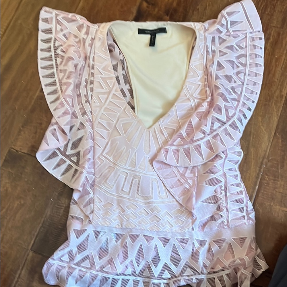 BCBGMaxAzria Cream Asymmetrical Ruffled Cap Sleeve Blouse